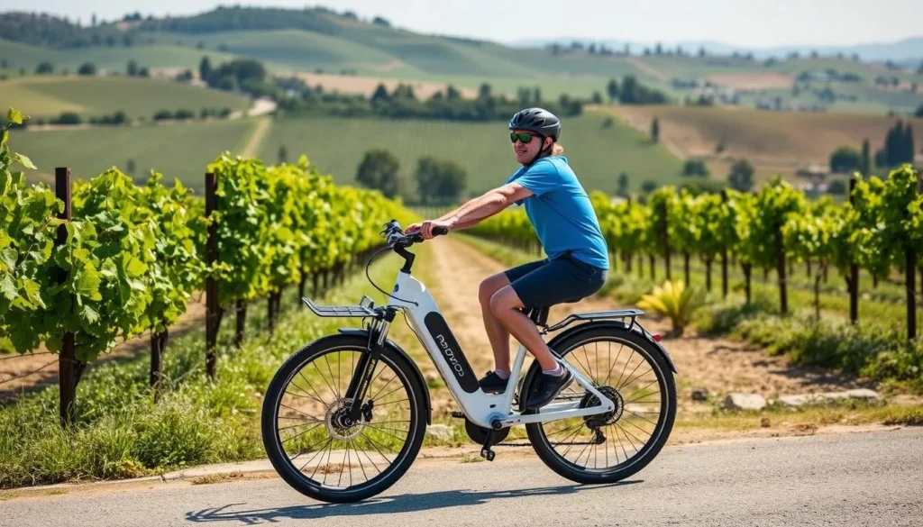 Generate an image of a person riding a Pedego Electric Bike through a vineyard in Livermore Valley.
