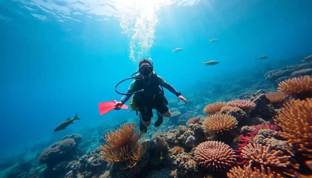 Generate an image of a person scuba diving in the waters around Phú Quốc Island.