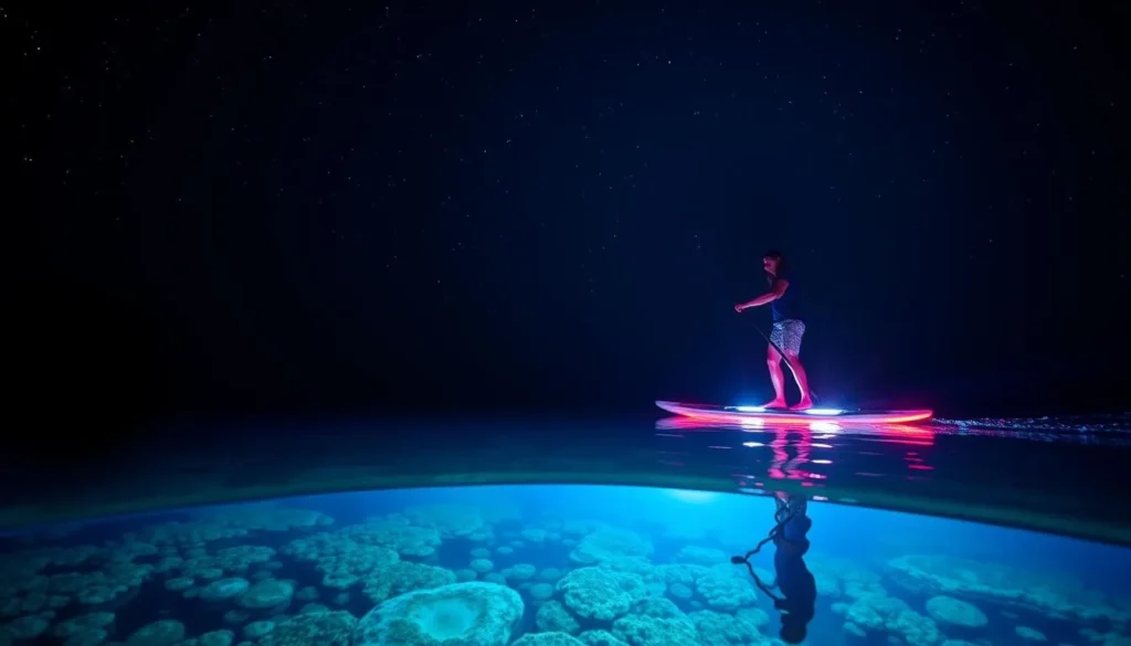 Generate an image of a person stand-up paddleboarding at night with LED-lit boards, illuminating the reef below.