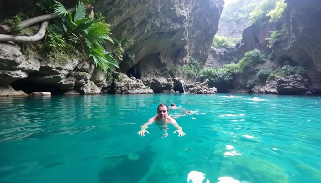 Generate an image of a person swimming in the crystal-clear waters of Kuza Cave, surrounded by lush greenery.