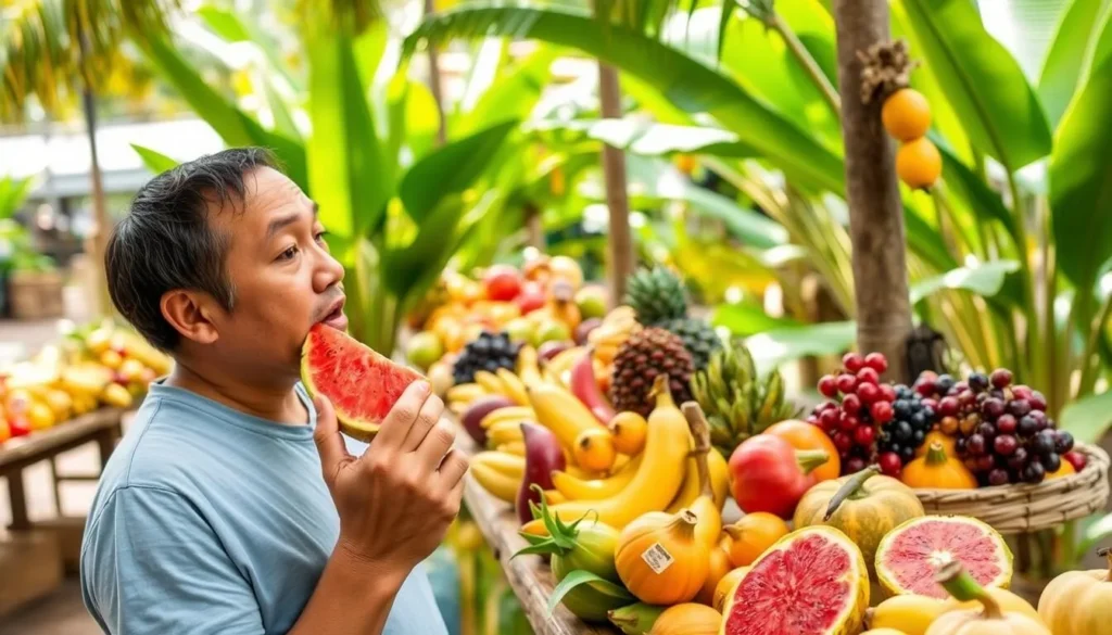 Generate an image of a person tasting exotic fruits at Cape Trib Farm