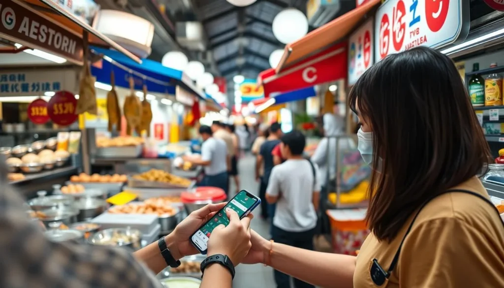 Generate an image of a person using Google Pay on their smartphone at a hawker center in Singapore