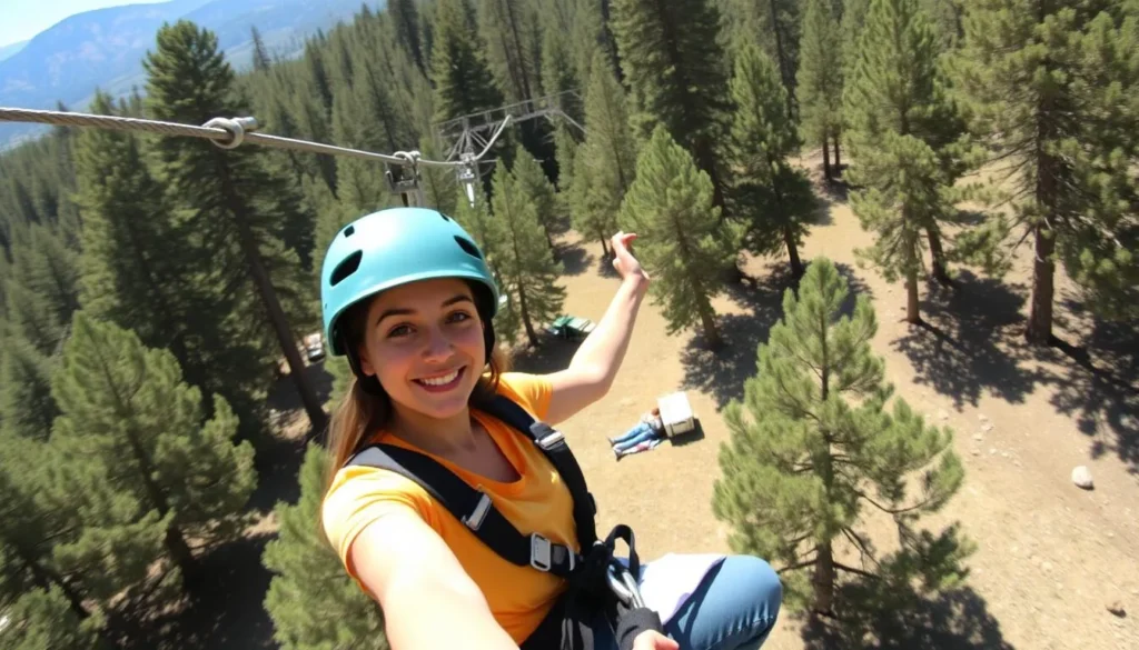 Generate an image of a person ziplining in Big Bear.