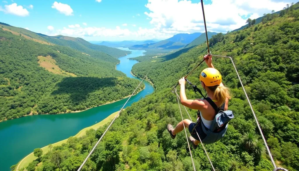 Generate an image of a person ziplining over Santa Margarita Lake with a beautiful landscape in the background.