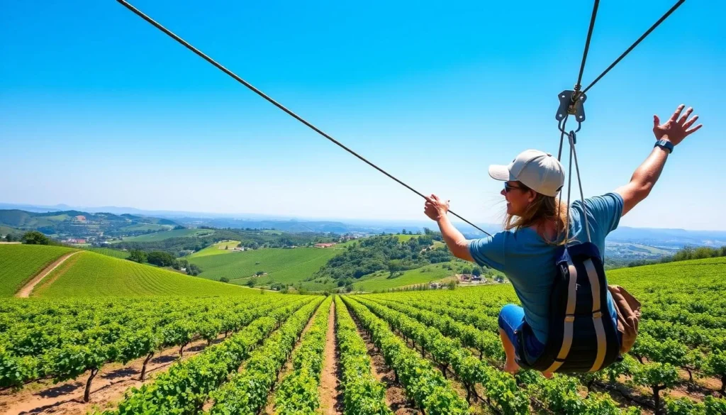 Generate an image of a person ziplining over vineyards in Santa Margarita