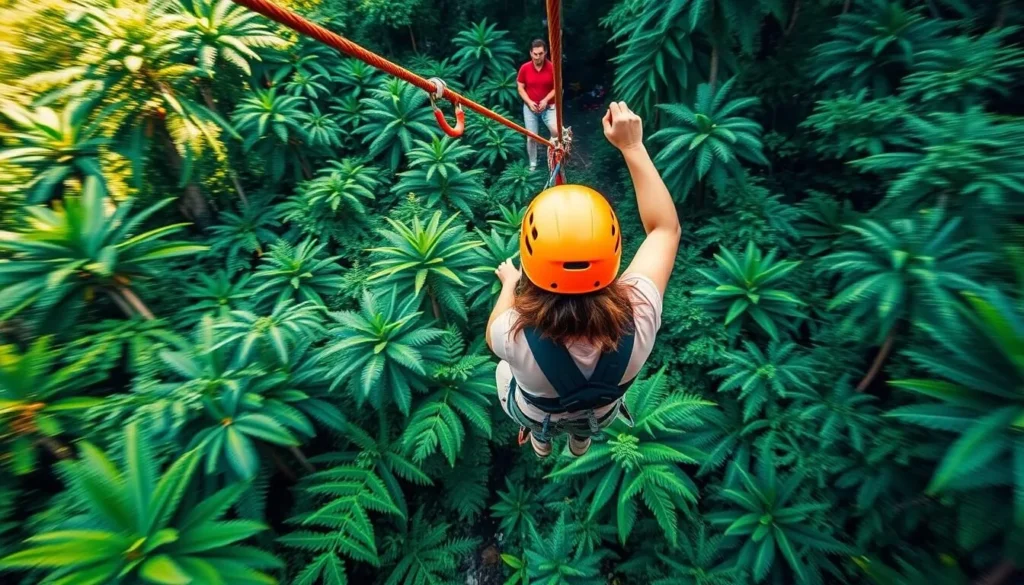 Generate an image of a person ziplining through a lush tropical forest on the Big Island.