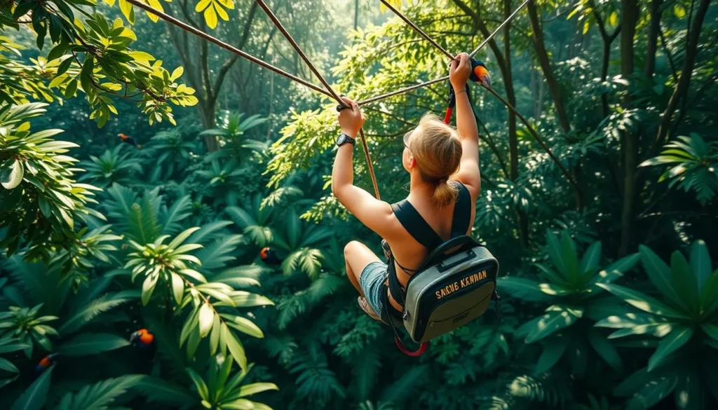 Generate an image of a person ziplining through the rainforest canopy.