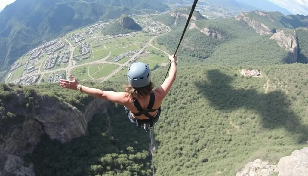 Generate an image of a person zipping through the Pachuca Zip Line.