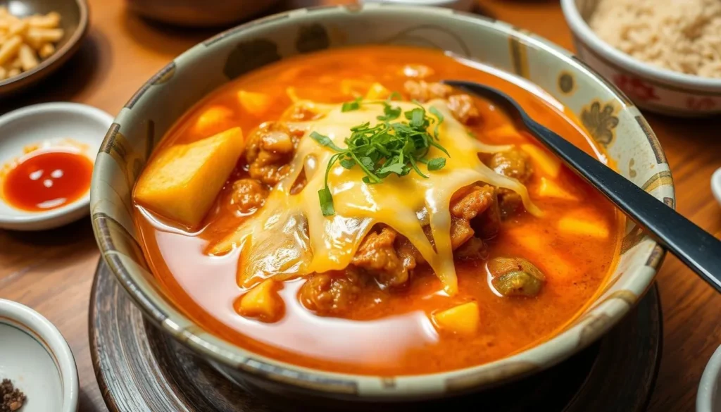 Generate an image of a plate of army stew ramyeon with cheese at Han Kki