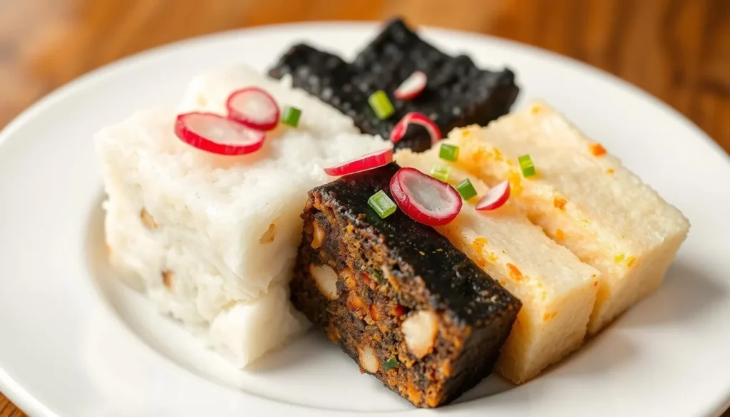 Generate an image of a plate of carrot cake from Song Zhou Luo Bo Gao, showcasing both the black and white versions, garnished with preserved radish and spring onions.