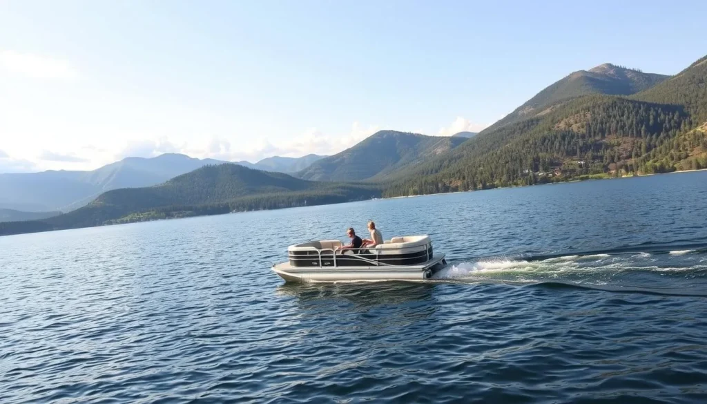 Generate an image of a pontoon boat on Big Bear Lake