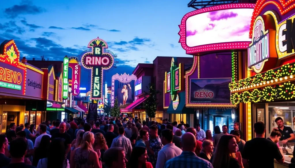 Generate an image of a popular nightlife spot in Downtown Reno.