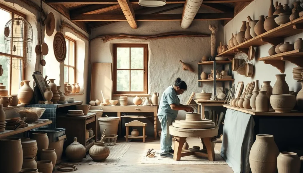 Generate an image of a pottery studio with a potter working at a wheel, surrounded by clay creations.