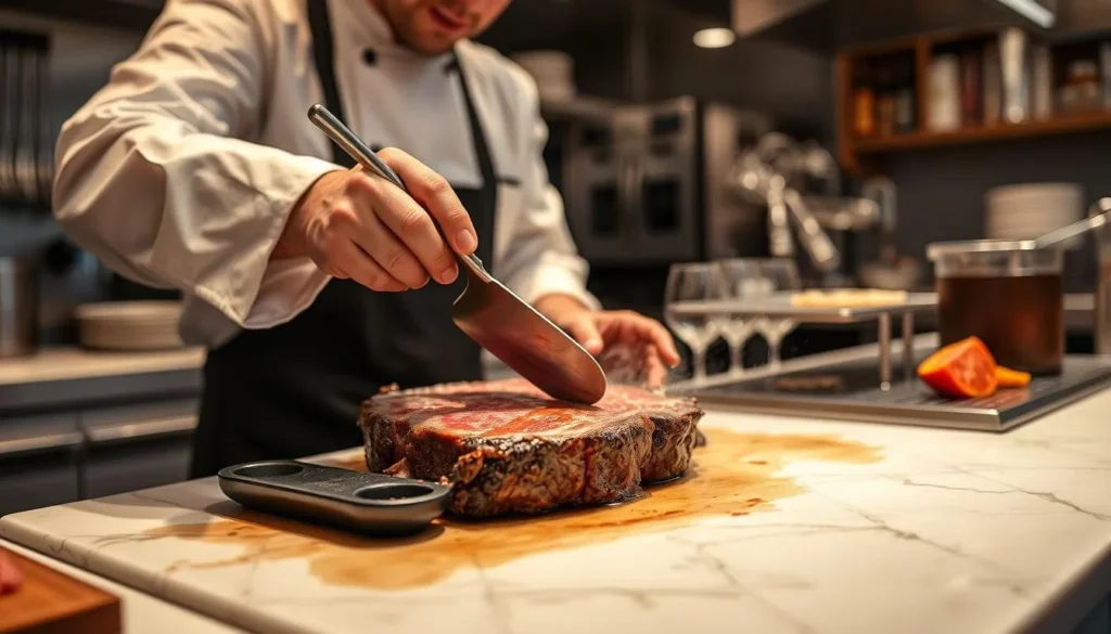 Generate an image of a premium cut being prepared at Cut by Wolfgang Puck.