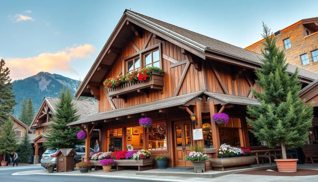 Generate an image of a quaint alpine-inspired shop in Big Bear Village