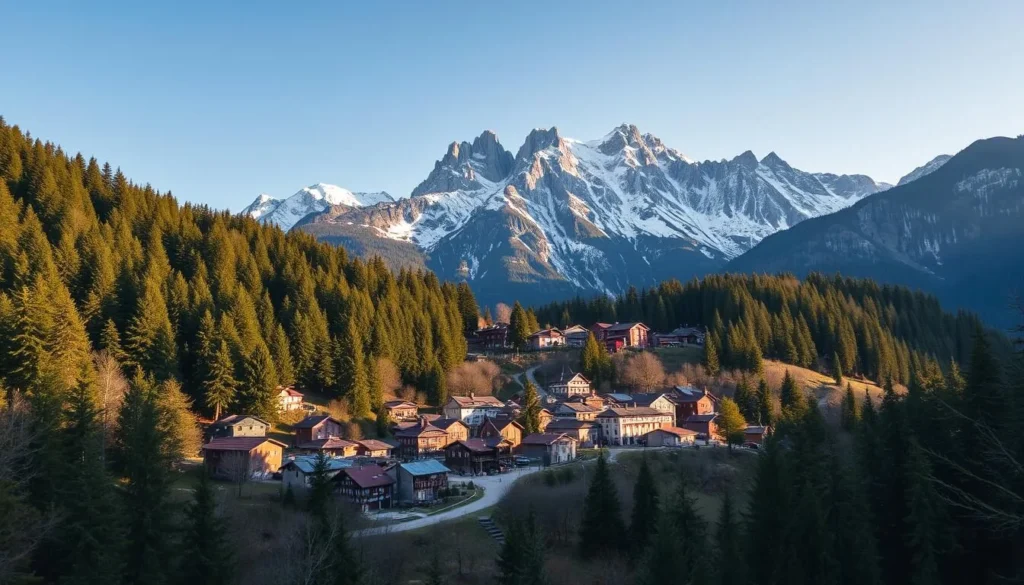 Generate an image of a quaint mountain town surrounded by tall trees and majestic mountains.