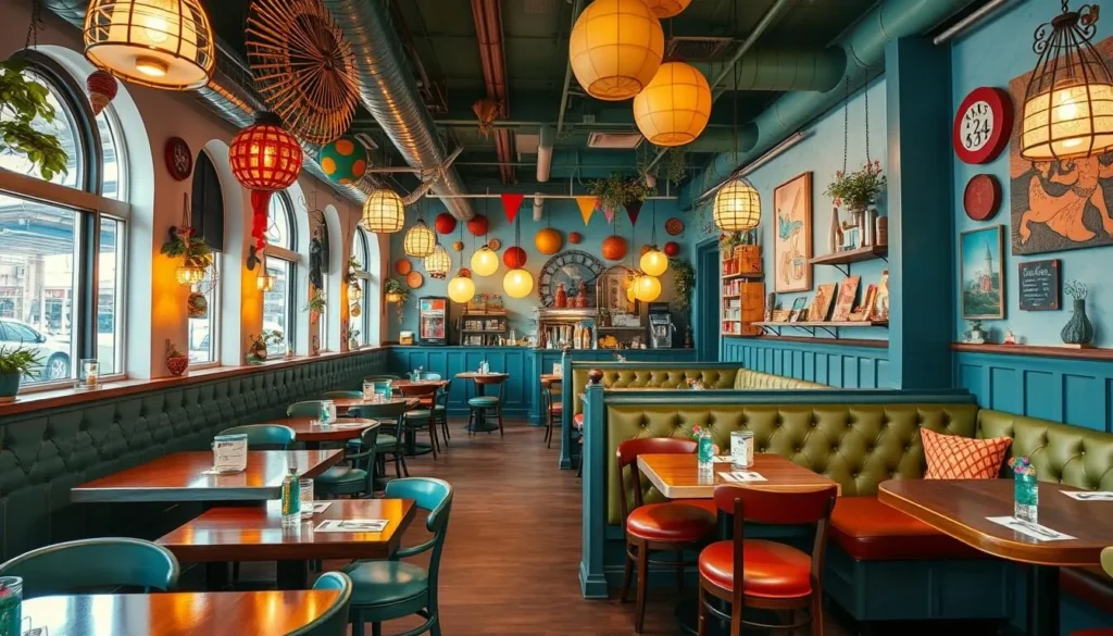 Generate an image of a quirky, themed restaurant interior.
