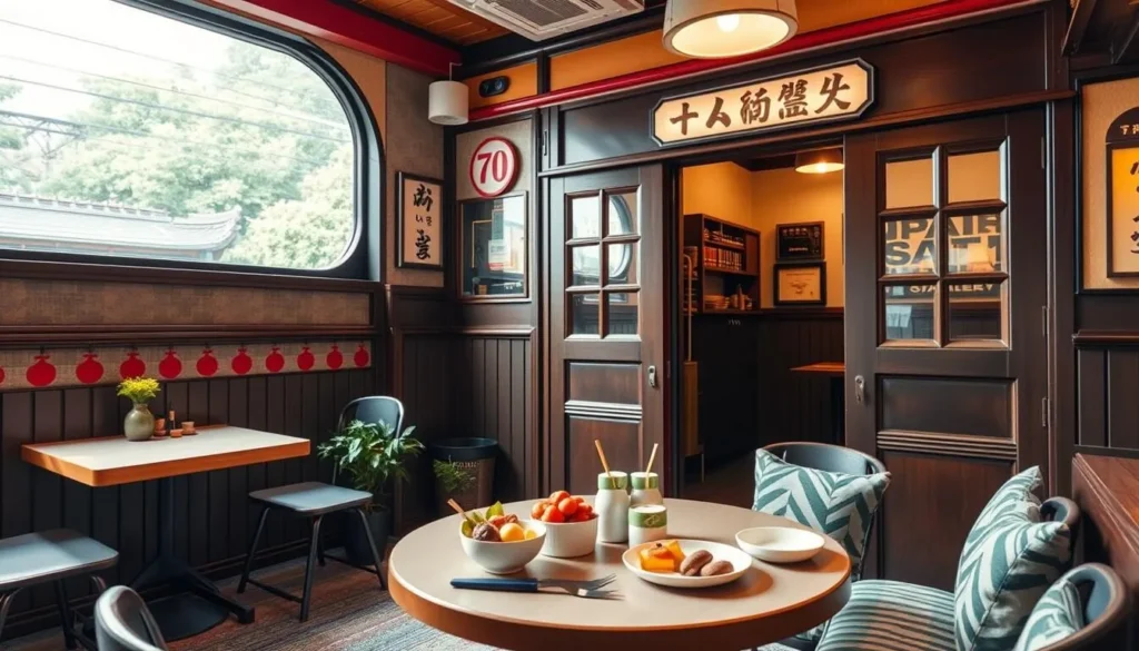 Generate an image of a railway-inspired Japanese café with a train cabin corner, serving Japanese meals and desserts.