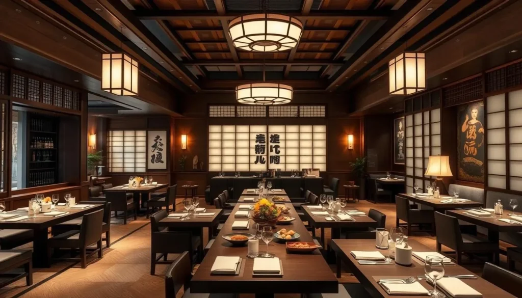 Generate an image of a refined, traditional Japanese restaurant with a touch of luxury.
