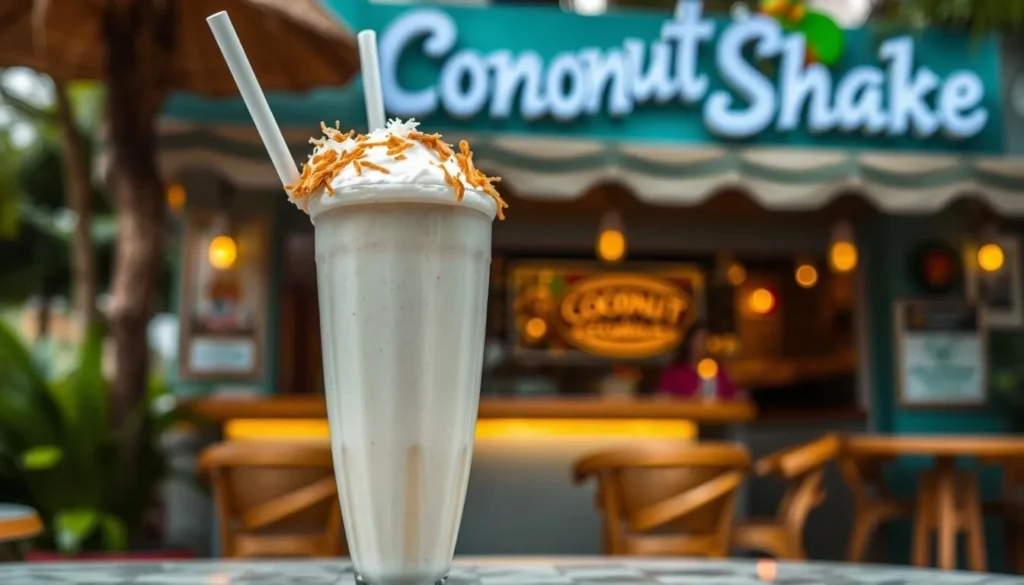 Generate an image of a refreshing coconut shake in a tall glass, garnished with a sprinkle of toasted coconut flakes, in front of the Coconut Shake Restaurant.