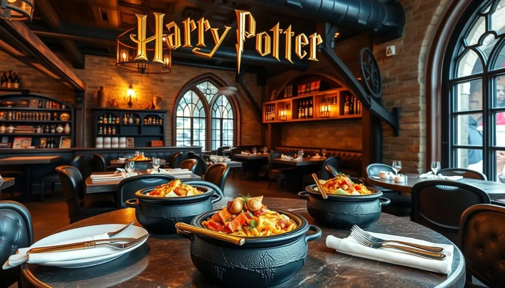 Generate an image of a restaurant with a Harry Potter theme, featuring dishes served in cauldrons and wands used as utensils.
