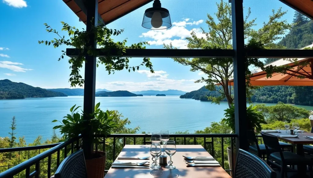 Generate an image of a restaurant with a lake view