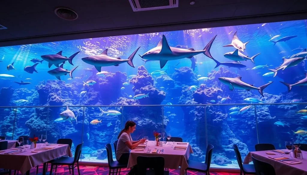 Generate an image of a restaurant with a large aquarium, where guests are surrounded by marine life, including manta rays and sharks.