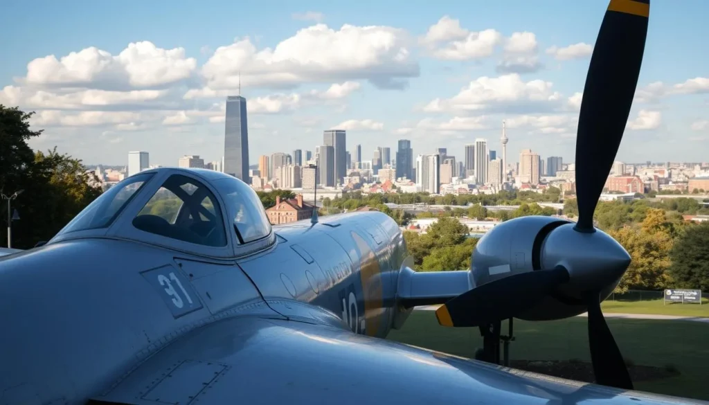 Generate an image of a retired aircraft on display in a park, with a cityscape in the background.