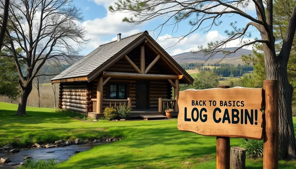 Generate an image of a rustic log cabin with a sign reading "Back to Basics Log Cabin" in a serene natural setting.