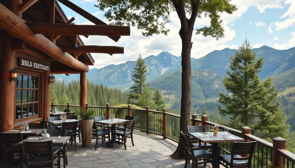 Generate an image of a rustic mountain restaurant with outdoor seating, surrounded by trees and a scenic mountain backdrop.
