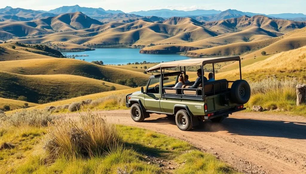 Generate an image of a safari truck tour driving through the rolling hills near Santa Margarita Lake.