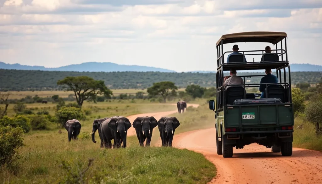 Generate an image of a safari vehicle in the Falgore Game Reserve with elephants in the foreground.