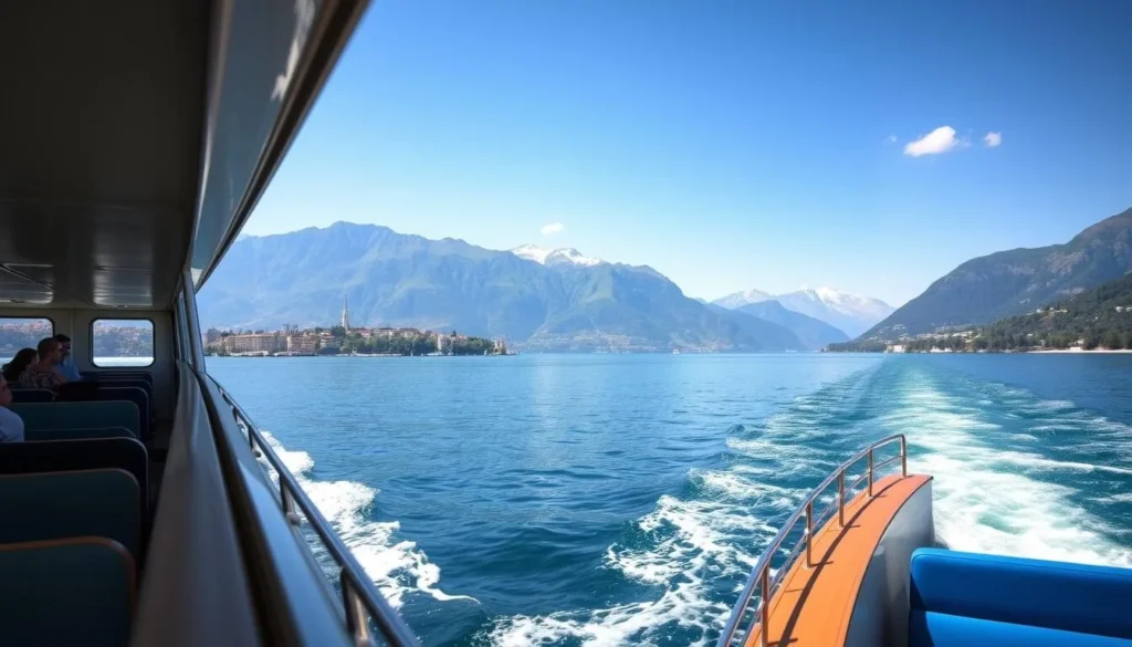 Generate an image of a scenic Lake Geneva cruise with the French Alps in the background