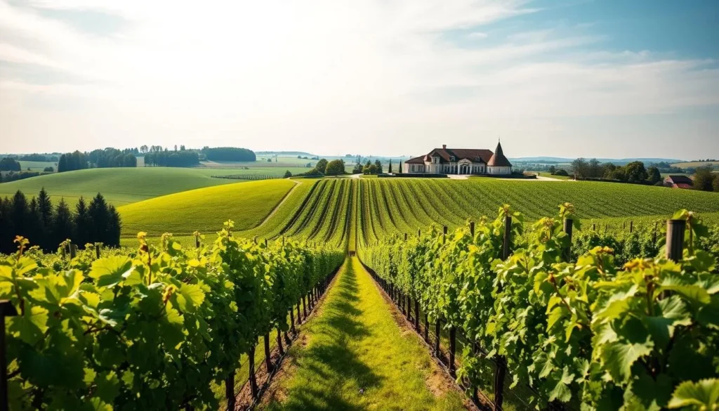 Generate an image of a scenic Loire Valley vineyard with a modern winery in the background.