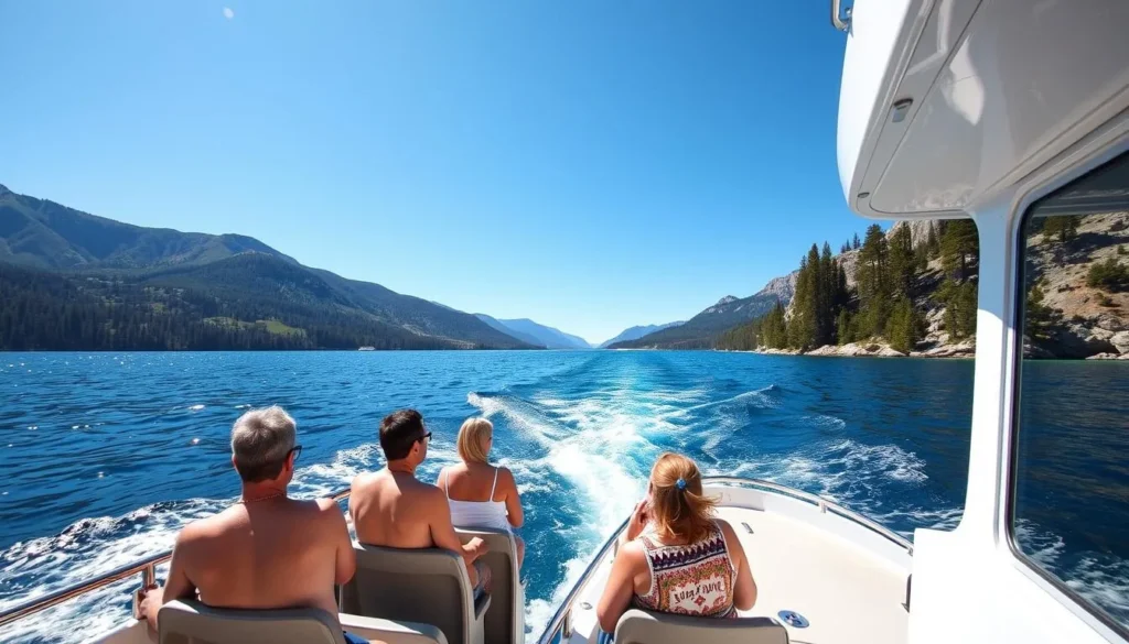 Generate an image of a scenic boat cruise on Lake Tahoe