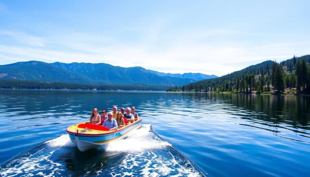 Generate an image of a scenic boat tour on Big Bear Lake
