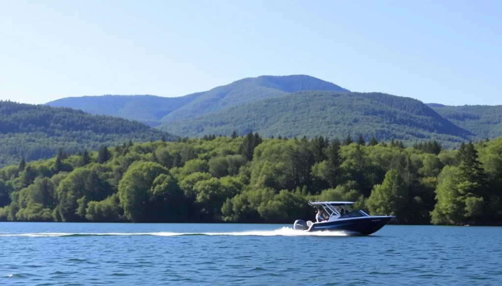 Generate an image of a scenic boat tour on Lake Wallenpaupack with the Pocono Mountains in the background.
