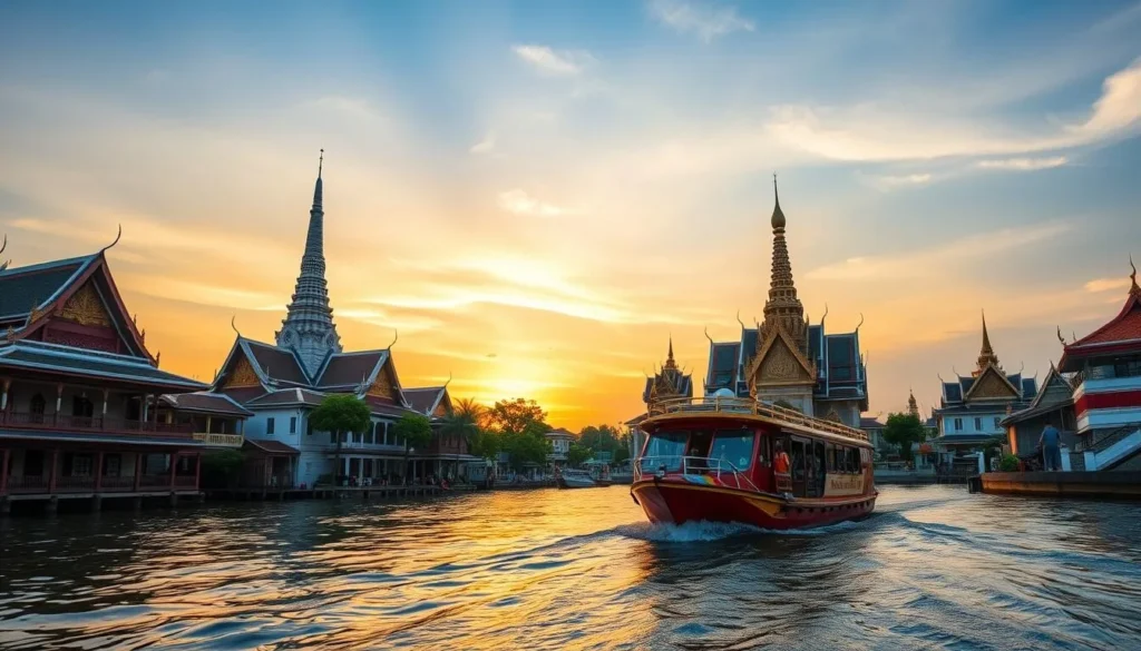 Generate an image of a scenic boat tour on the Chao Phraya River, highlighting traditional Thai houses and riverside temples.