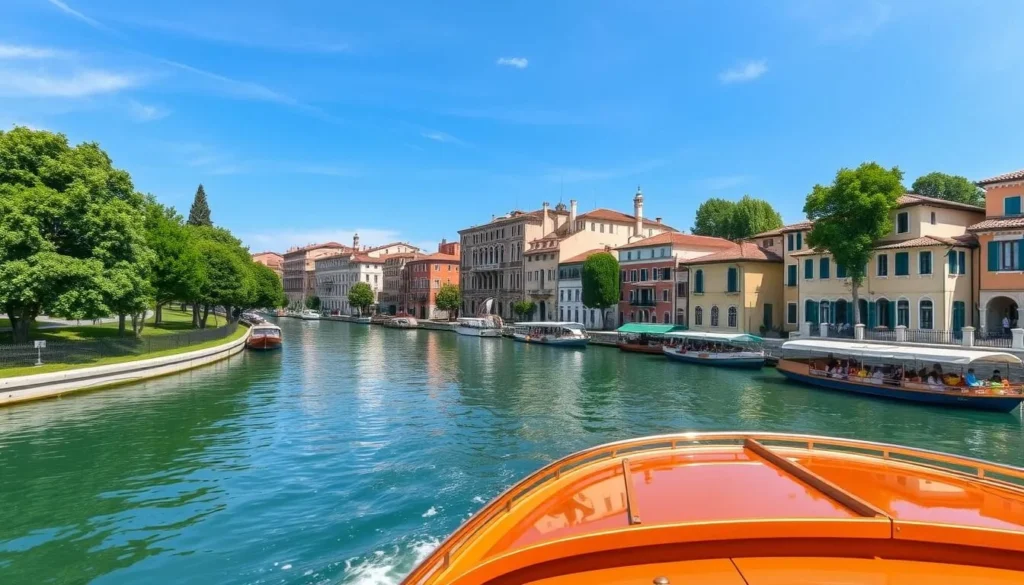 Generate an image of a scenic cruise along the Brenta Canal, showcasing the beautiful Venetian villas along the route.