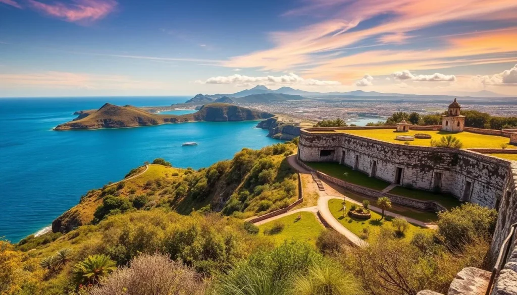 Generate an image of a scenic day trip to Niebla, Corral, and Isla Mancera, showcasing historic forts and beautiful landscapes.