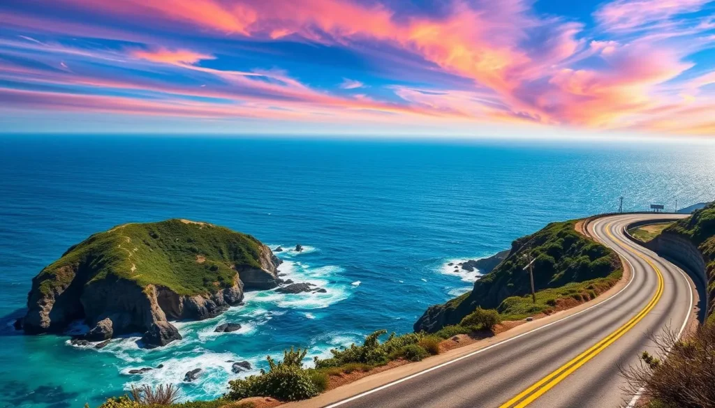 Generate an image of a scenic drive along the Pacific Coast Highway