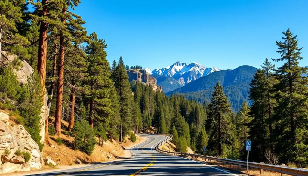 Generate an image of a scenic drive through Sequoia National Park
