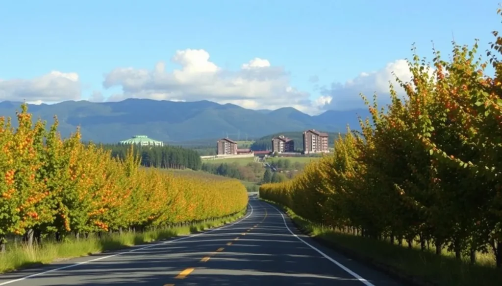 Generate an image of a scenic drive through the Hood River Fruit Loop, showcasing orchards and farms along the route.