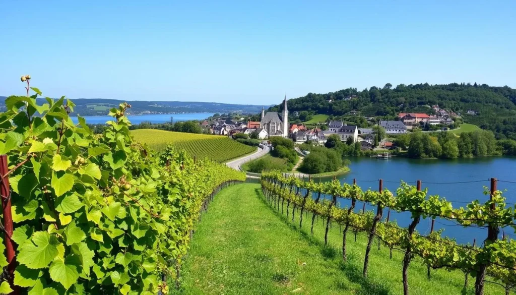 Generate an image of a scenic landscape of Île d'Orléans with a vineyard and a picturesque village in the background.