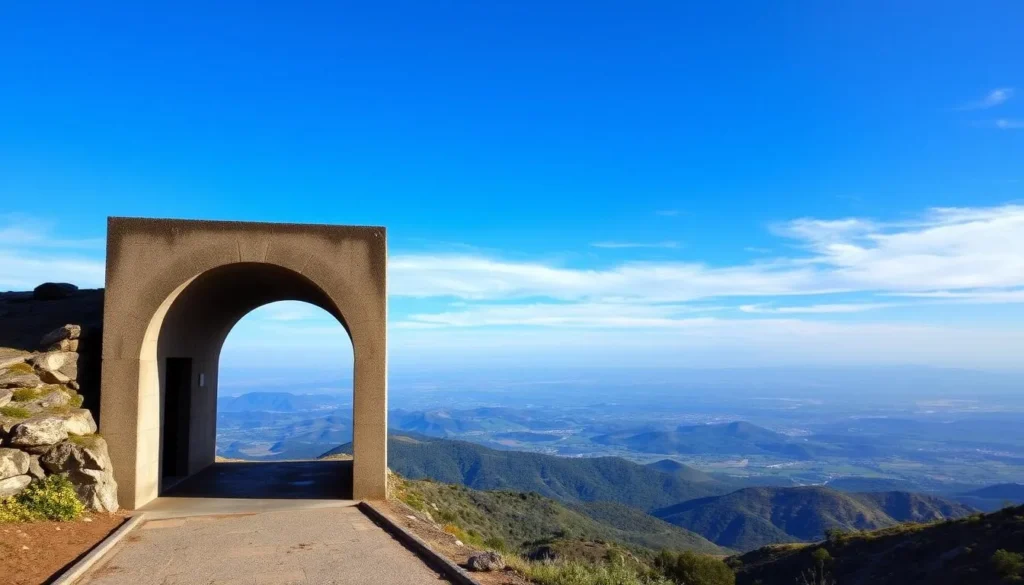 Generate an image of a scenic observation site with a tunnel in the background, overlooking a vast landscape.