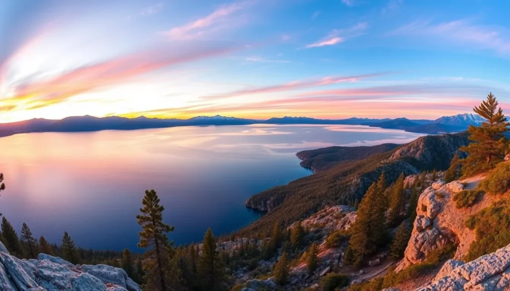 Generate an image of a scenic overlook with a breathtaking view of Lake Tahoe