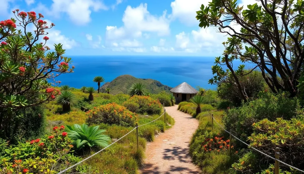 Generate an image of a scenic trail on Pitcairn Island with native flora and historic sites.