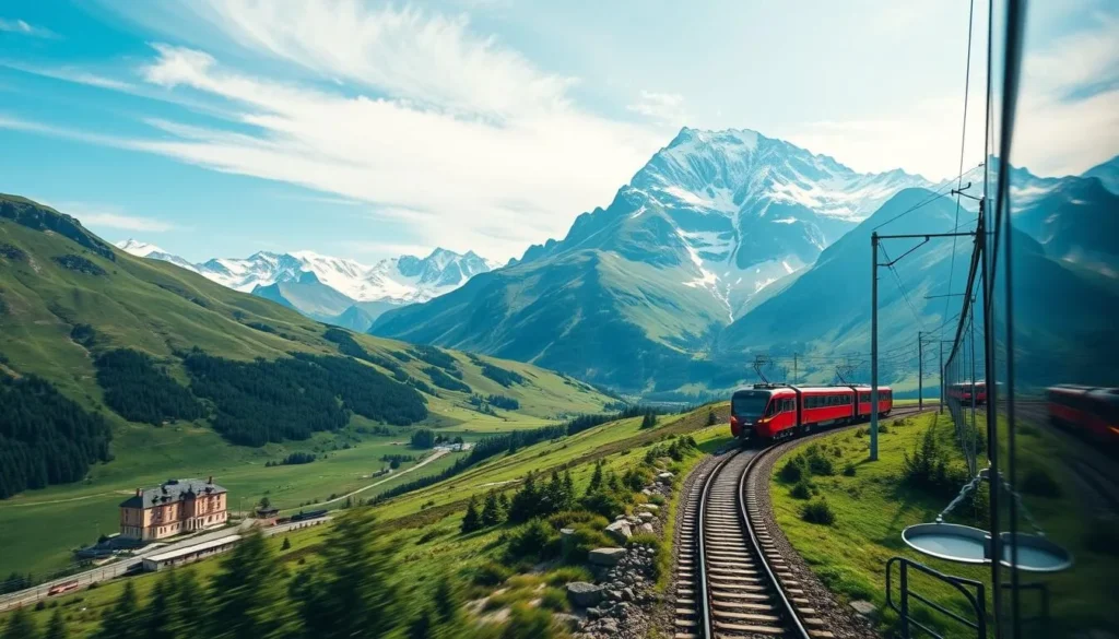 Generate an image of a scenic train journey to Jungfraujoch