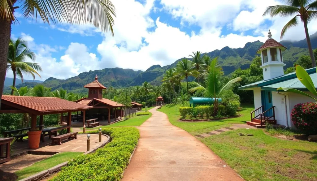 Generate an image of a scenic walking path with historical sites and cultural landmarks in Koloa, Kauai.