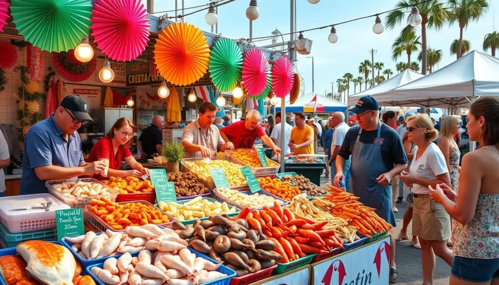 Generate an image of a seafood stall at the Destin Seafood Festival